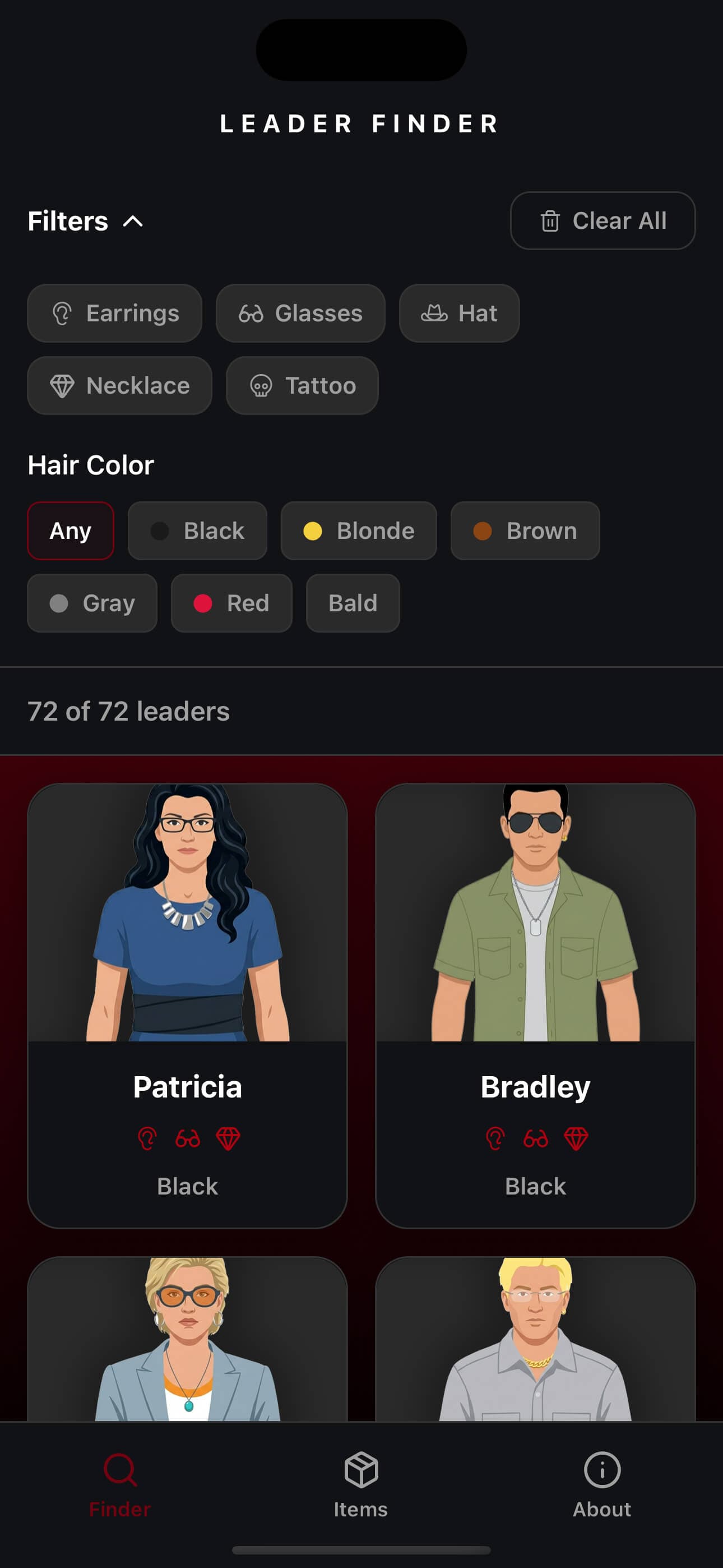 Finder screen showing attribute filters (Earrings, Glasses, Hat, Necklace, Tattoo) and hair color selector, with 12 of 72 bald leaders displayed including Yvonne and Hugo