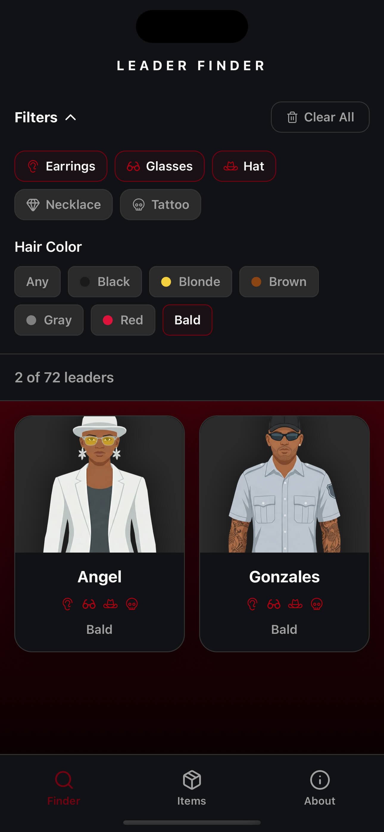 Finder screen with Earrings, Glasses, and Hat filters active, narrowing results to 2 of 72 leaders — Angel and Gonzales, both bald